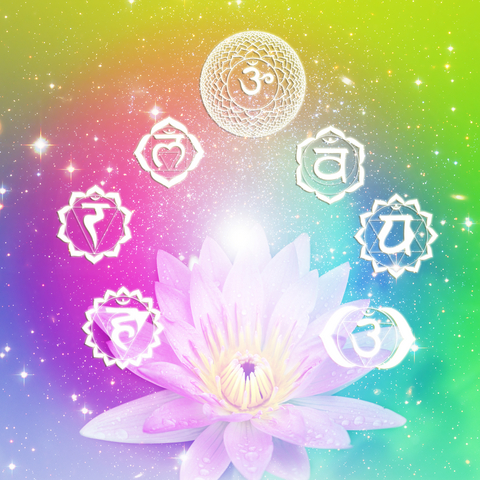seven symbols of chakra with a flower lotus over colorful background with stars