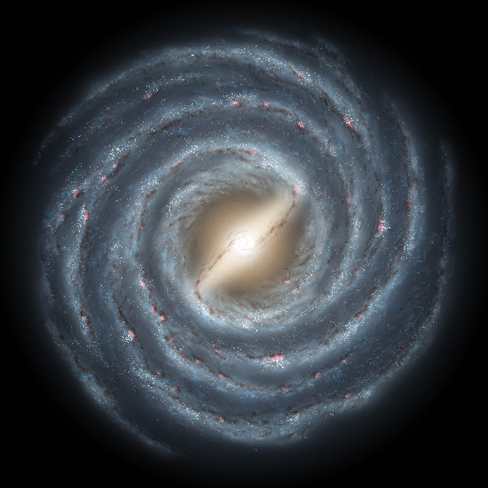 This artist's rendering shows a view of our own Milky Way Galaxy and its central bar as it might appear if viewed from above.